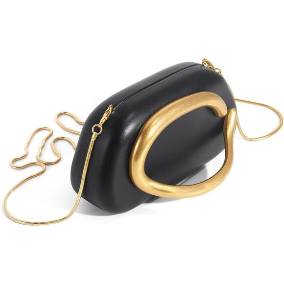 Women's Black Leather Formal Trendy Evening Clutch Shoulder Strap Handle Bags - Picture 2 of 7